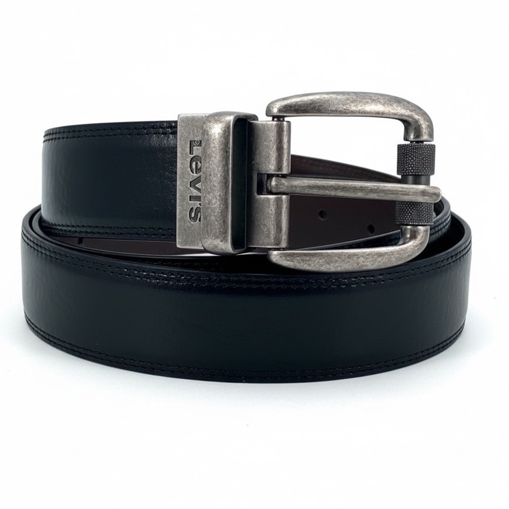 Vintage Levi's Men's Belt Medium 34/36 Black Leather Silver Roller Buckle